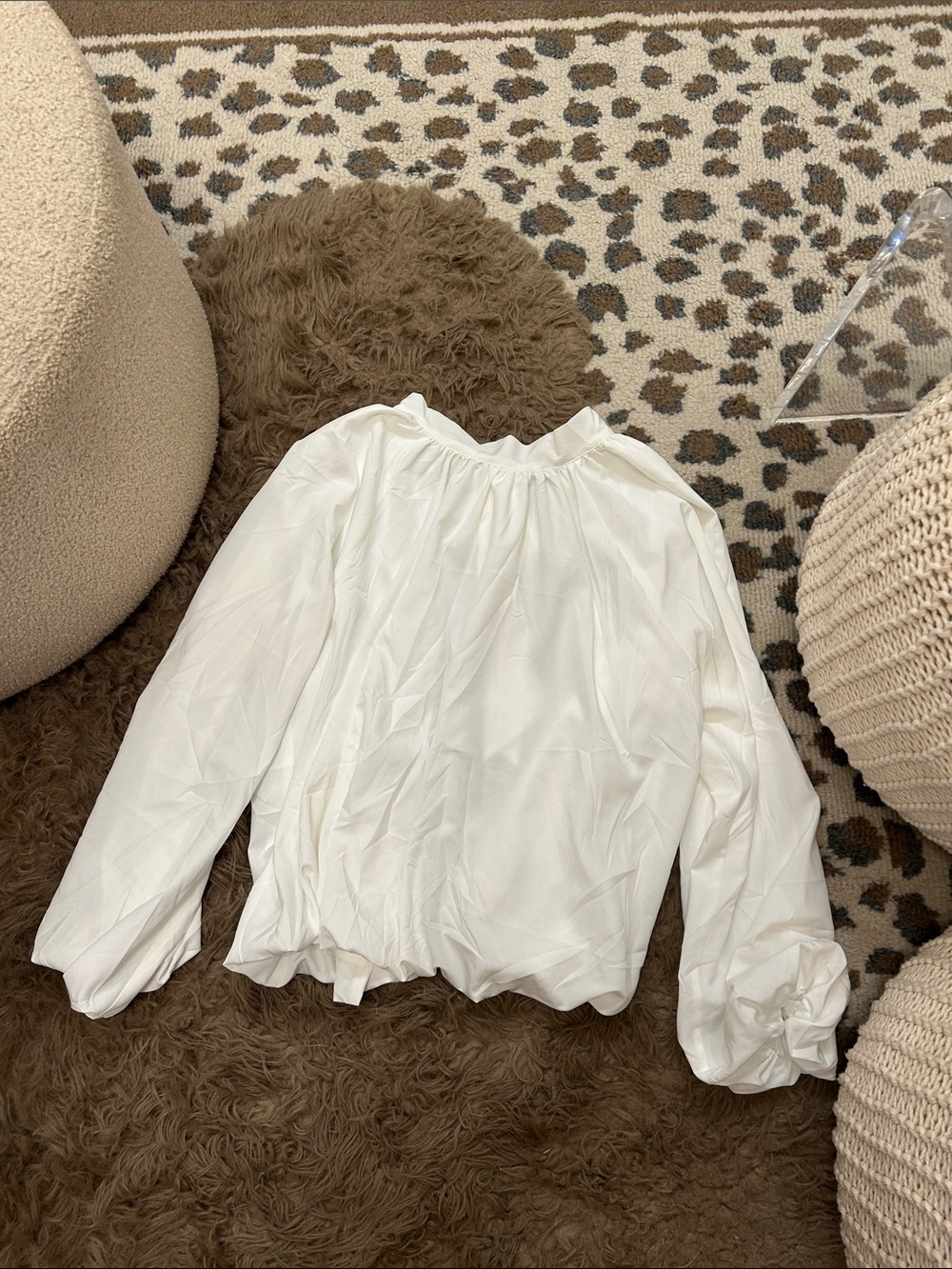 White Long-Sleeve Women's Blouse - Lightweight Gathered Neck